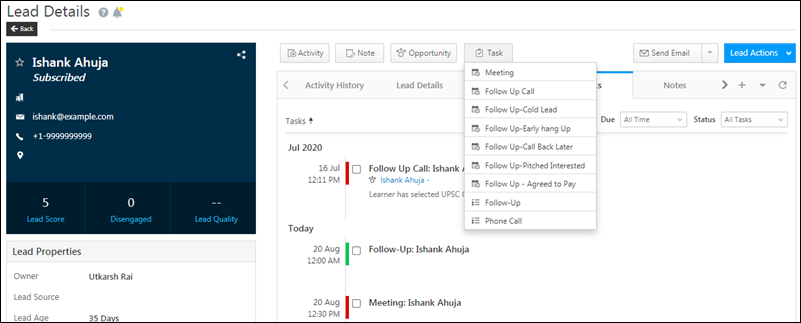 leadsquared tasks - sales lead